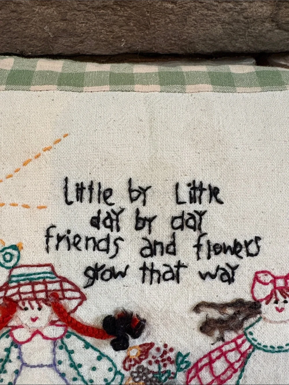 Vintage handmade embroidered friendship country cat pillow